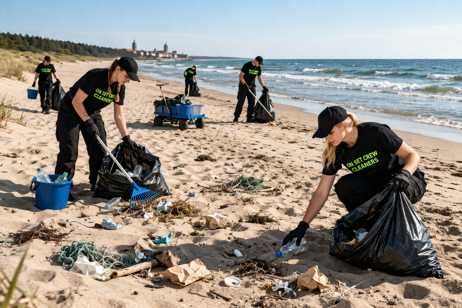 Cleaning crew removing trash from Baltic seaside beach before filming