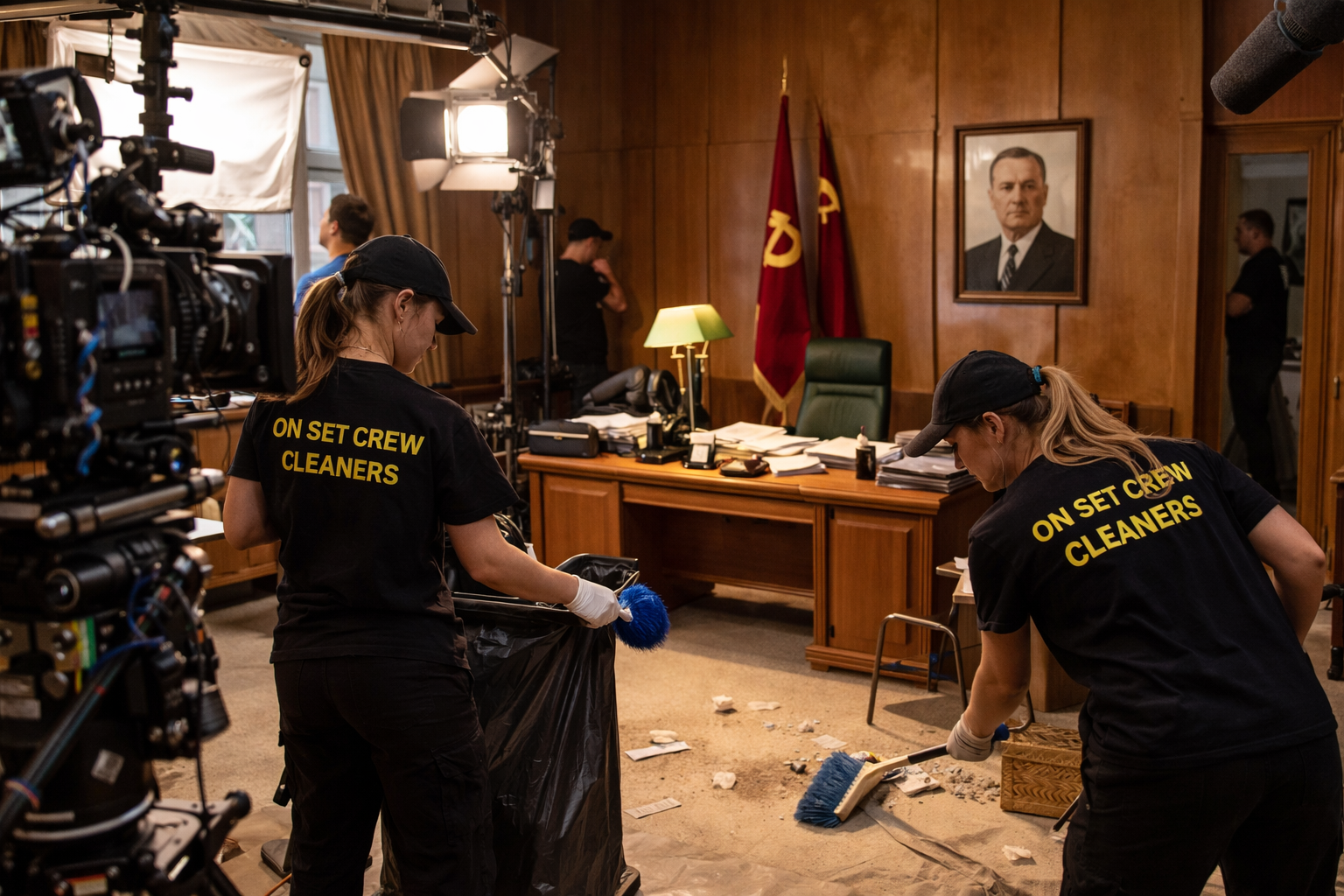 Cleaning crew preparing a Soviet-era office style film location