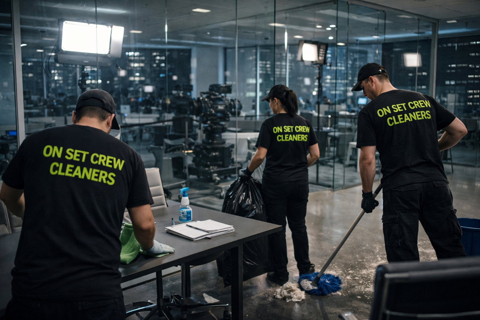 Cleaning crew preparing a news studio