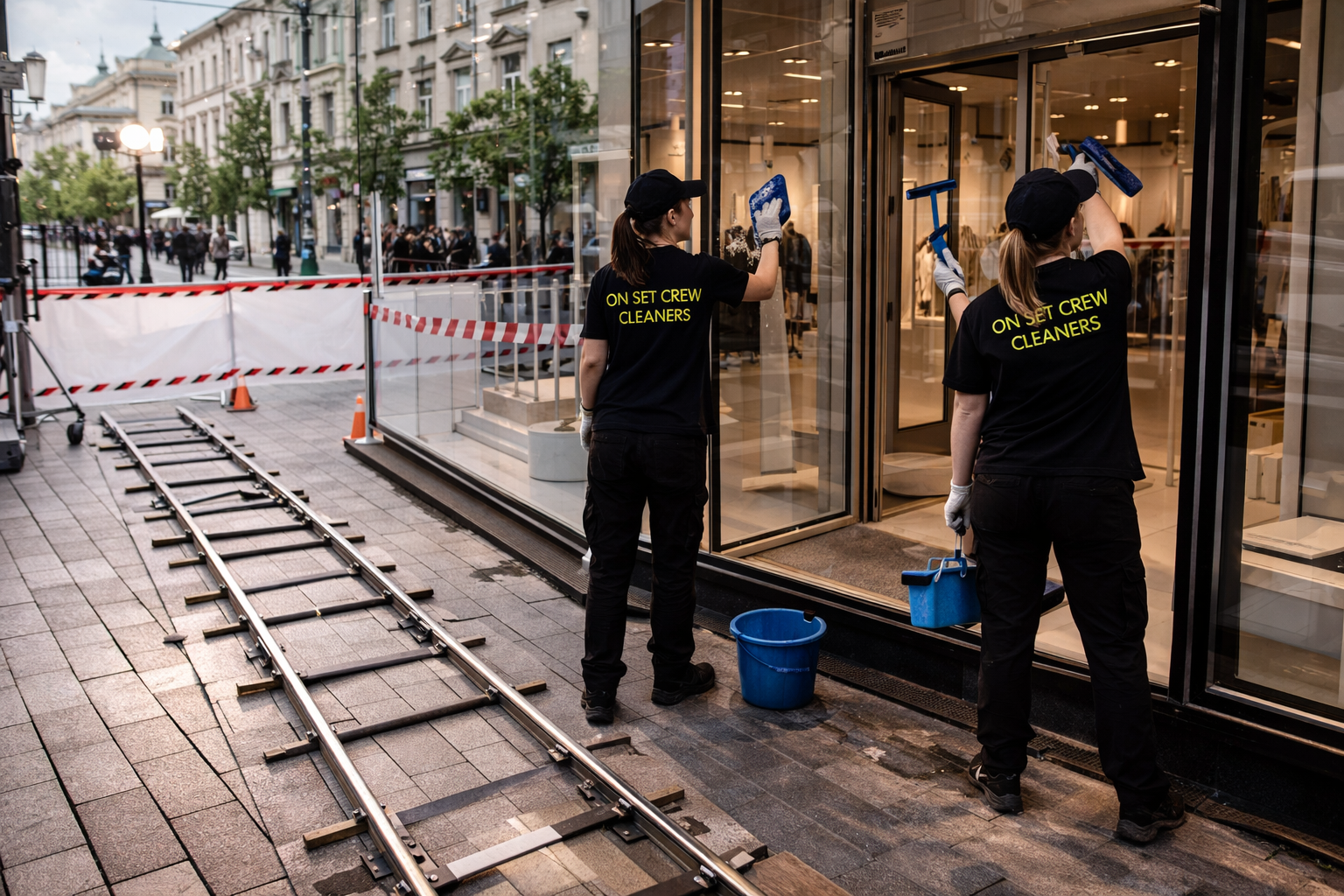 Workers cleaning storefront windows before a shoot on Gediminas Avenue