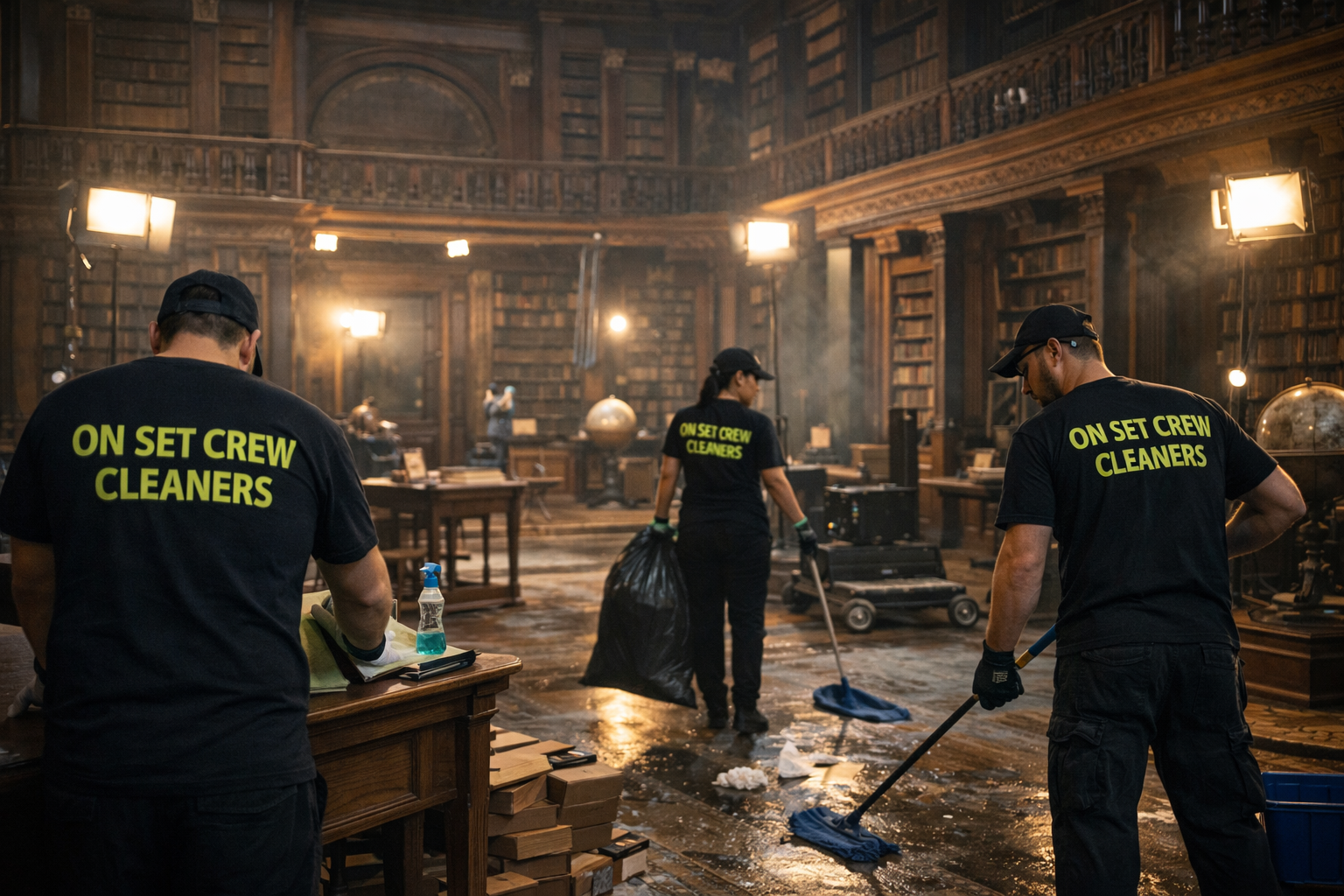 Cleaning crew preparing an English-style pub location