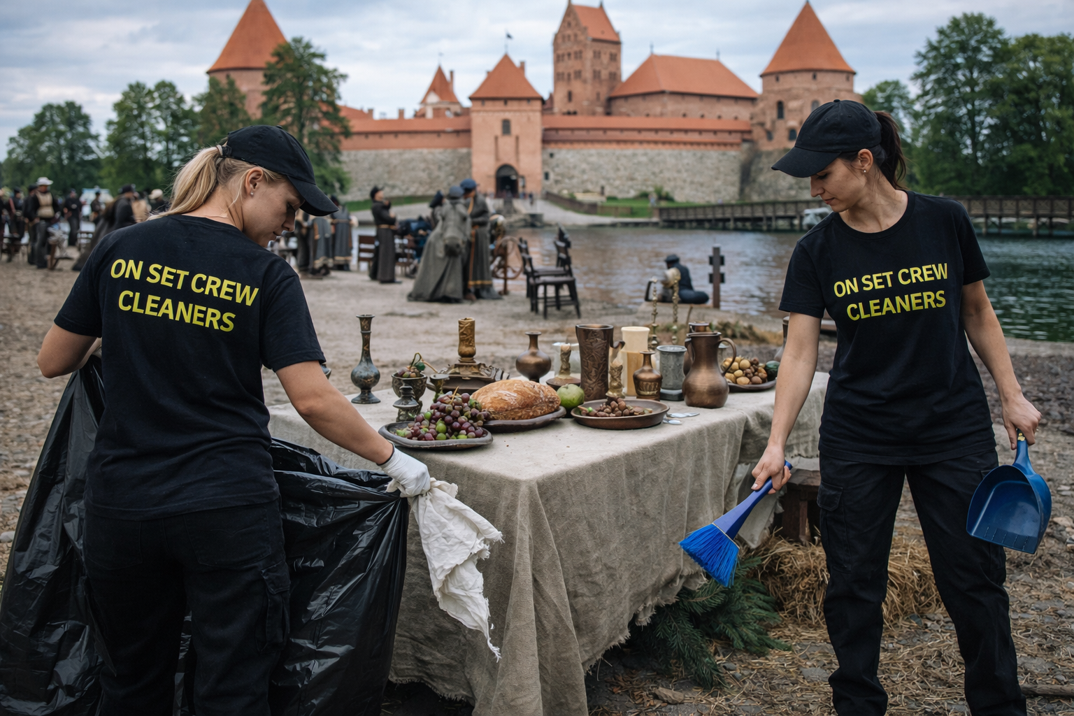 Cleaning crew on a medieval style set near Trakai Castle